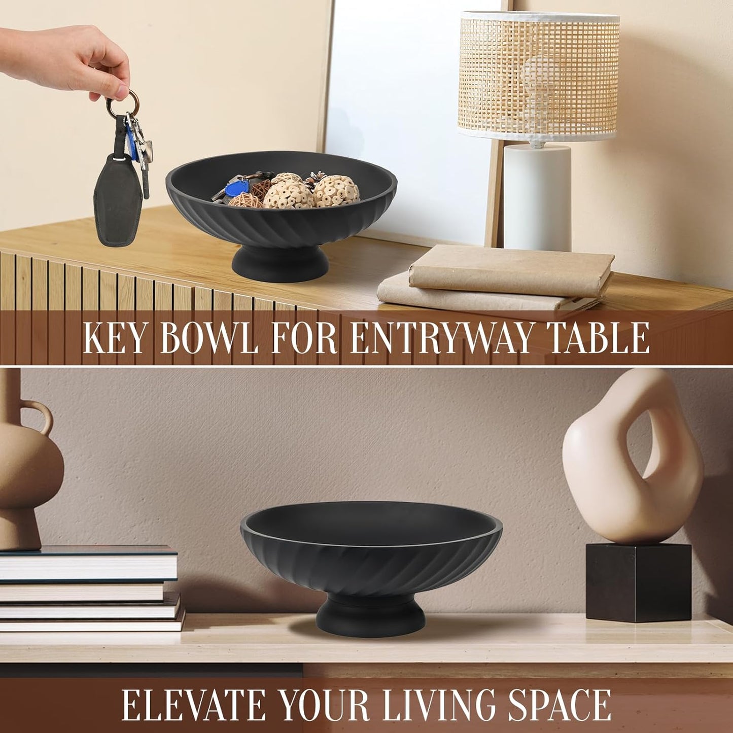 Deobath Large Resin Pedestal Decorative Bowl - Modern Handicraft Bowls for Home Decor - Fruit Bowl for Kitchen Counter - Key Bowl for Entryway Table,Artificial Stone Beige