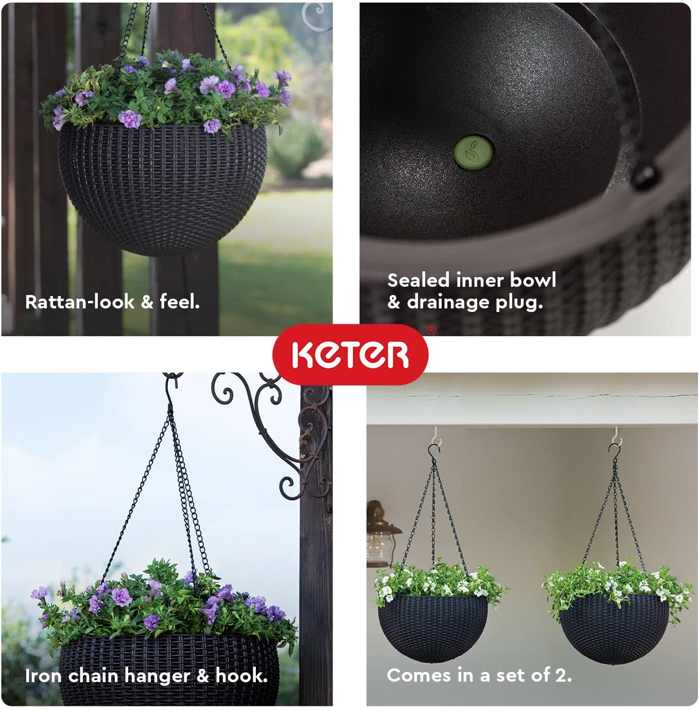 Keter Resin Rattan Set of 2 Round Hanging Planter Baskets for Indoor and Outdoor Plants-Perfect for Porches and Patio Decor, Cappuccino