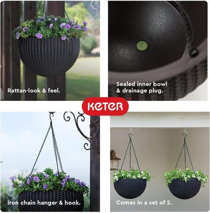 Keter Resin Rattan Set of 2 Round Hanging Planter Baskets for Indoor and Outdoor Plants-Perfect for Porches and Patio Decor, Cappuccino
