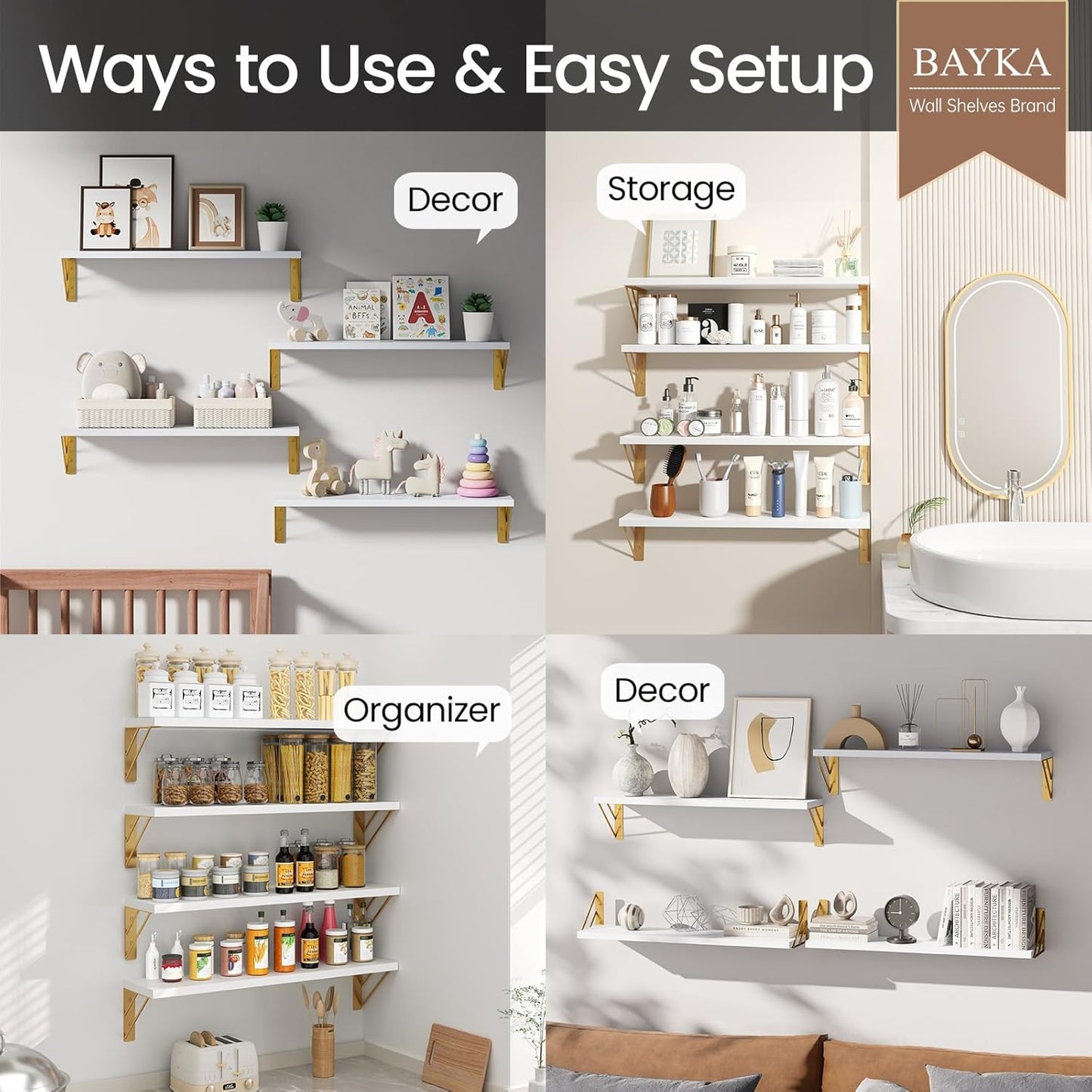 BAYKA Wall Mounted Floating Bathroom Shelves, Wood Wall Shelf for Bathroom Essentials & Decor, Space-Saving Display & Organizer (Black, Set of 4)