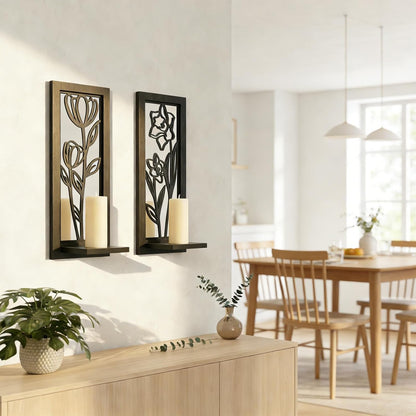 Wood Wall Sconce Candle Holder Set 2, Rustic Wall-Mount Candle Holders, Farmhouse Hanging Wall Décor, Carved Wood Frame, Mirrored Candle Holder (Distressed White)