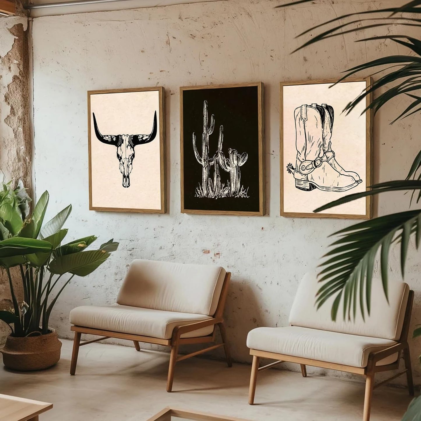 Western Wall Art Set of 3, Southwestern Cowboy Playing Card Wall Decor, Longhorn Bull Skull and How Lucky are We Poster Canvas Painting Prints for Bedroom Living Room 12x16 inch Wood Framed