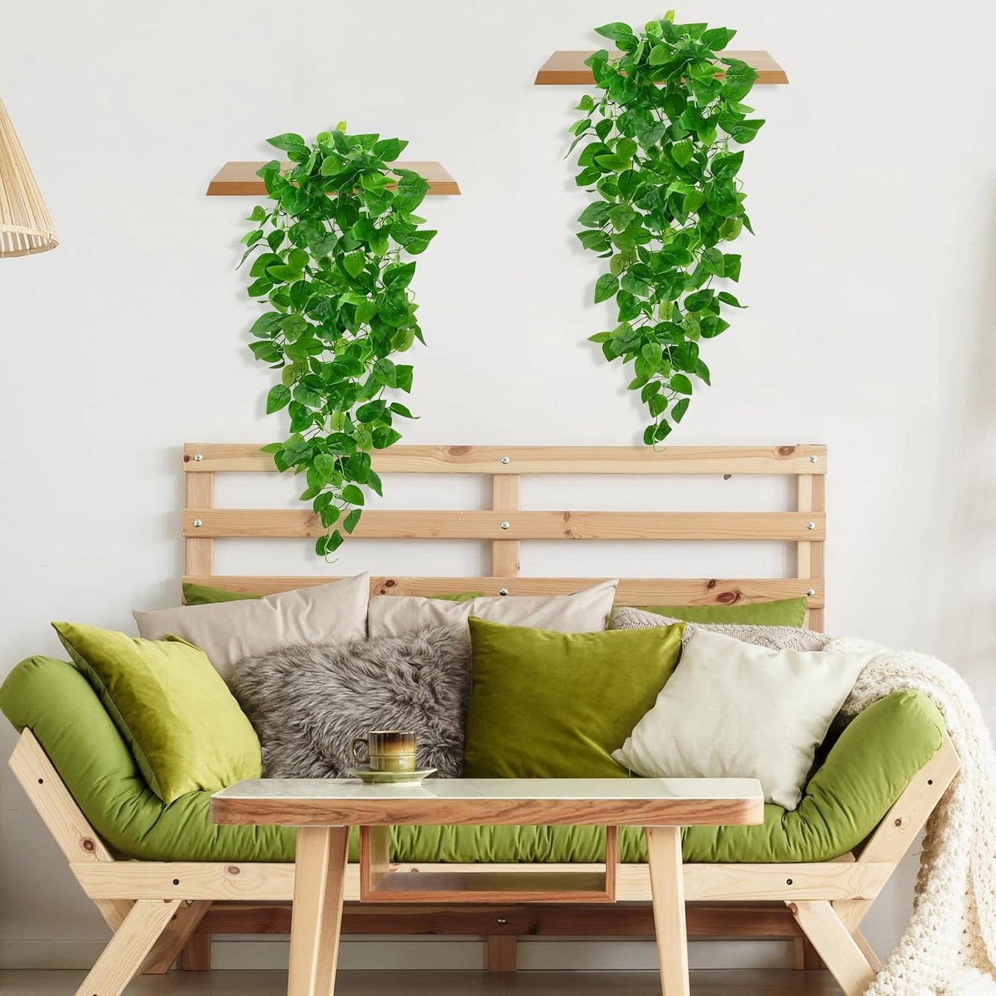 BLEUM CADE Fake Hanging Plants, 2pcs Artificial Pothos Vines Greenery for Wall Home Living Room Office Indoor Outdoor Decor (No Baskets)