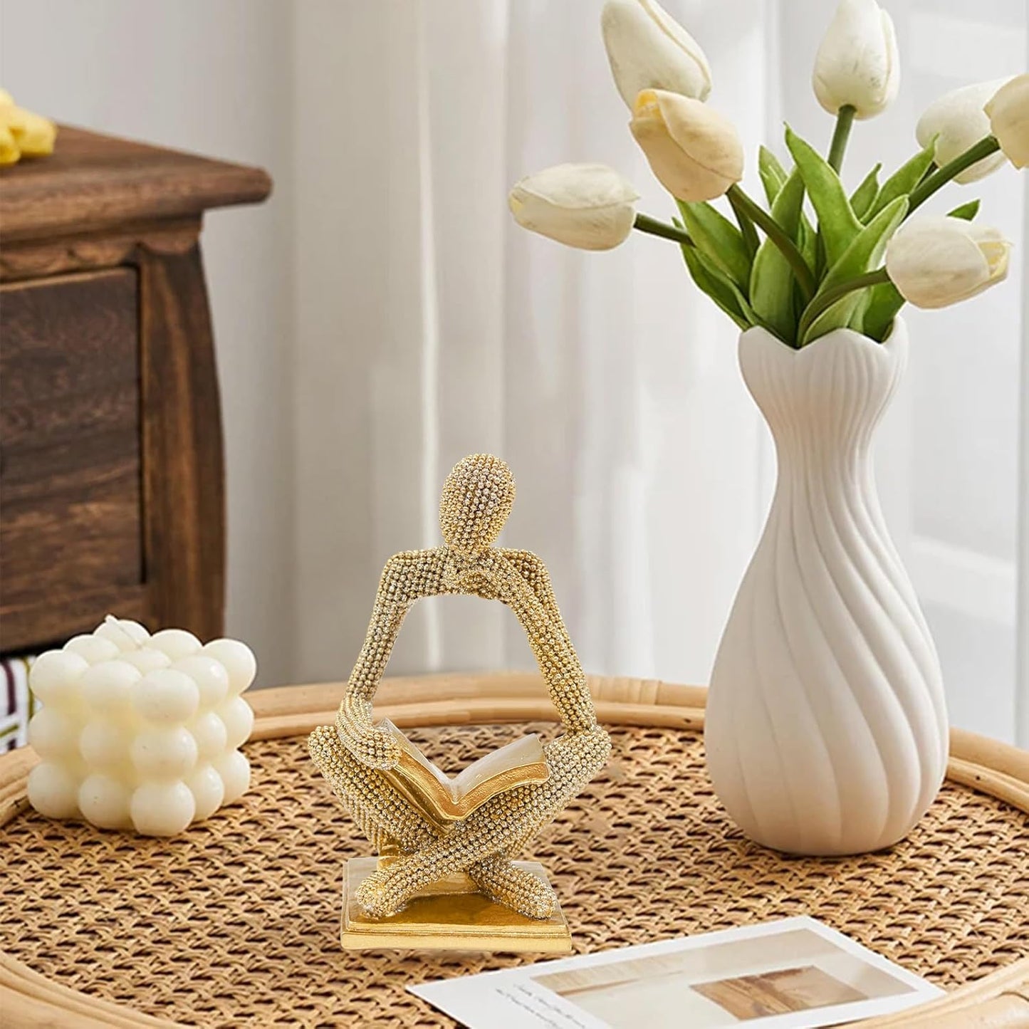 Sparkling Gold Reading Women Statue, Thinker Sculptures, Abstract Art Ornament, Modern Aesthetic Figurine Decoration for Home Living Room Bedroom Office Shelf Table Desk Bookshelf Decor