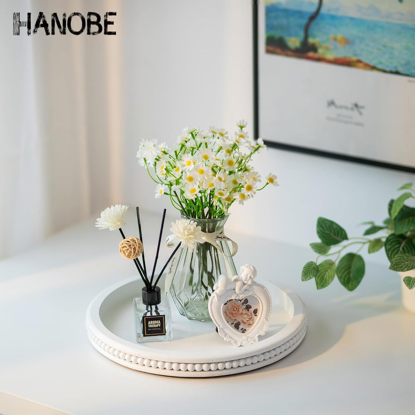 Hanobe Round Wooden Decorative Tray: White Washed Bead Tray Decor for Coffee Table Centerpiece Rustic Farmhouse Tray for Kitchen Counter Living Room Decoration