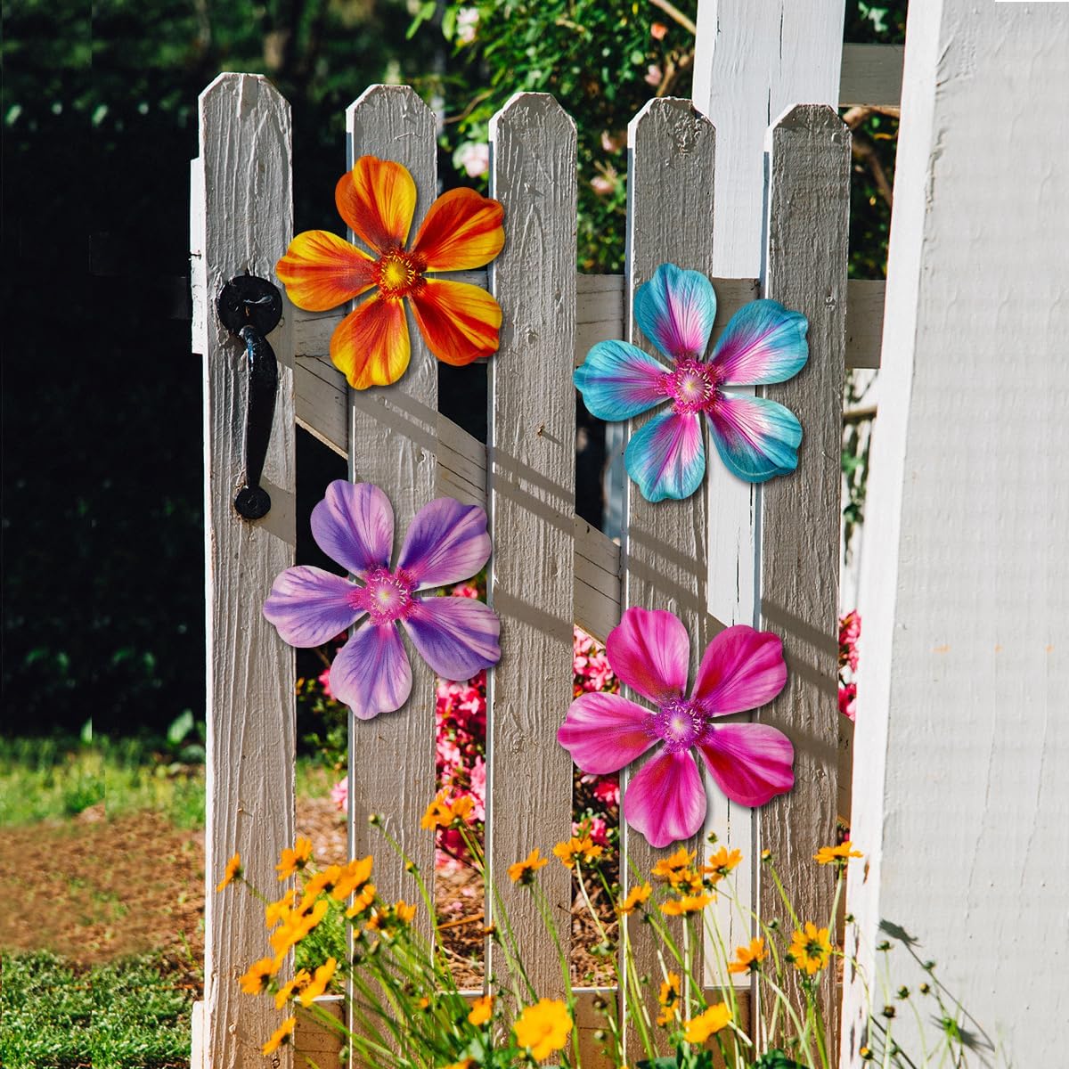 Giyyomtr Metal Flowers Wall Decor - 4pcs 6.2'' Metal Wall Art Hanging Decorations for Outdoor Fence Garden Yard Patio Exterior Wall Decor