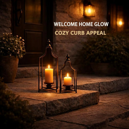 12.5" & 16.5" Timeless Cozy Decorative Lanterns Set of 2, Handcrafted Metal Iron Candle Holders, Farmhouse Elegance Fireplace Mantel Table Festive Gatherings Decor (Antique Gold)