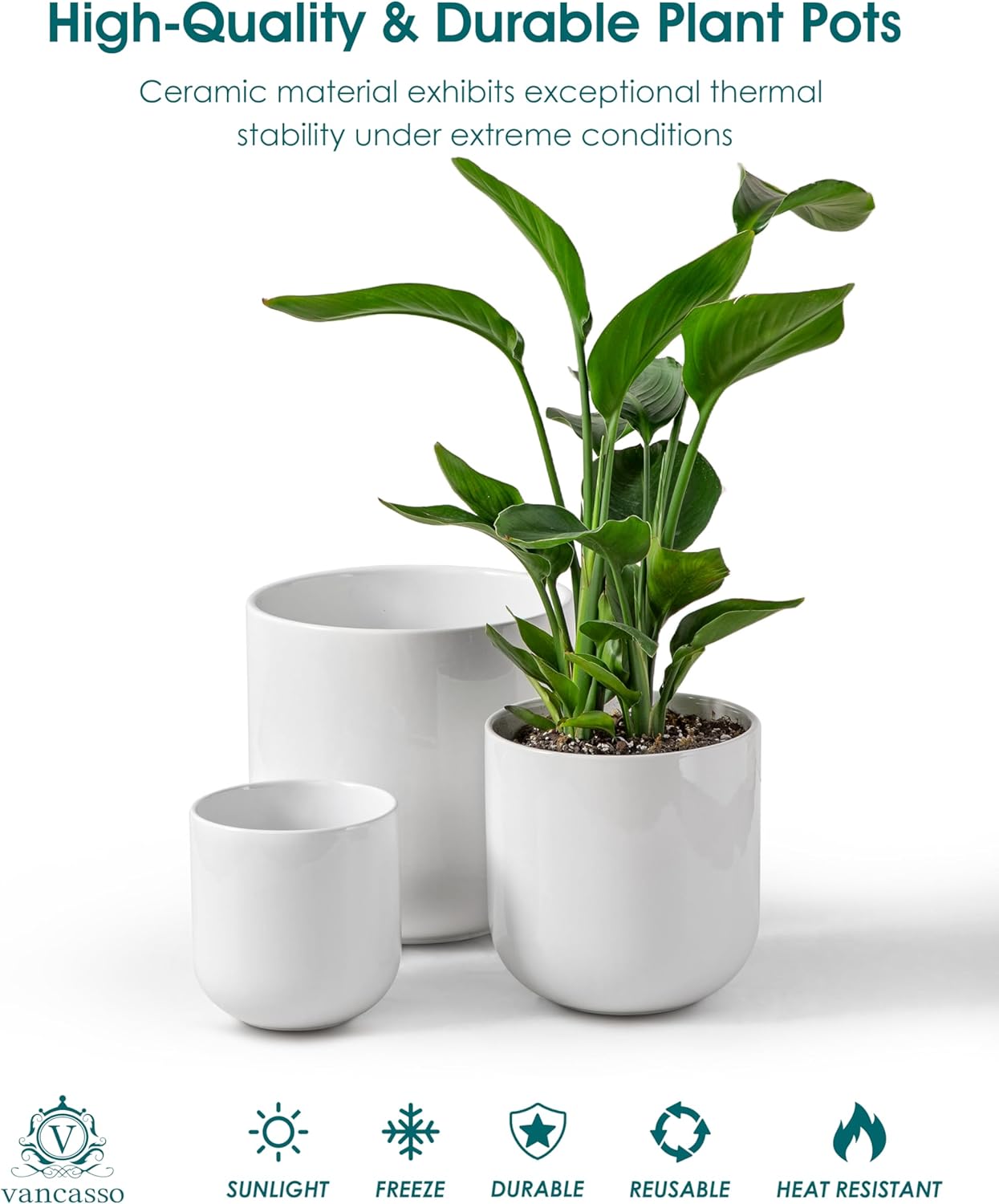 vancasso Ceramic Plant Pots, 4+5+6 inches, Set of 3, Planters with Drainage Hole, Flower Pots Planters Pots for Indoor Plants, Modern Indoor Decorative Garden Pot, Home Decor, White