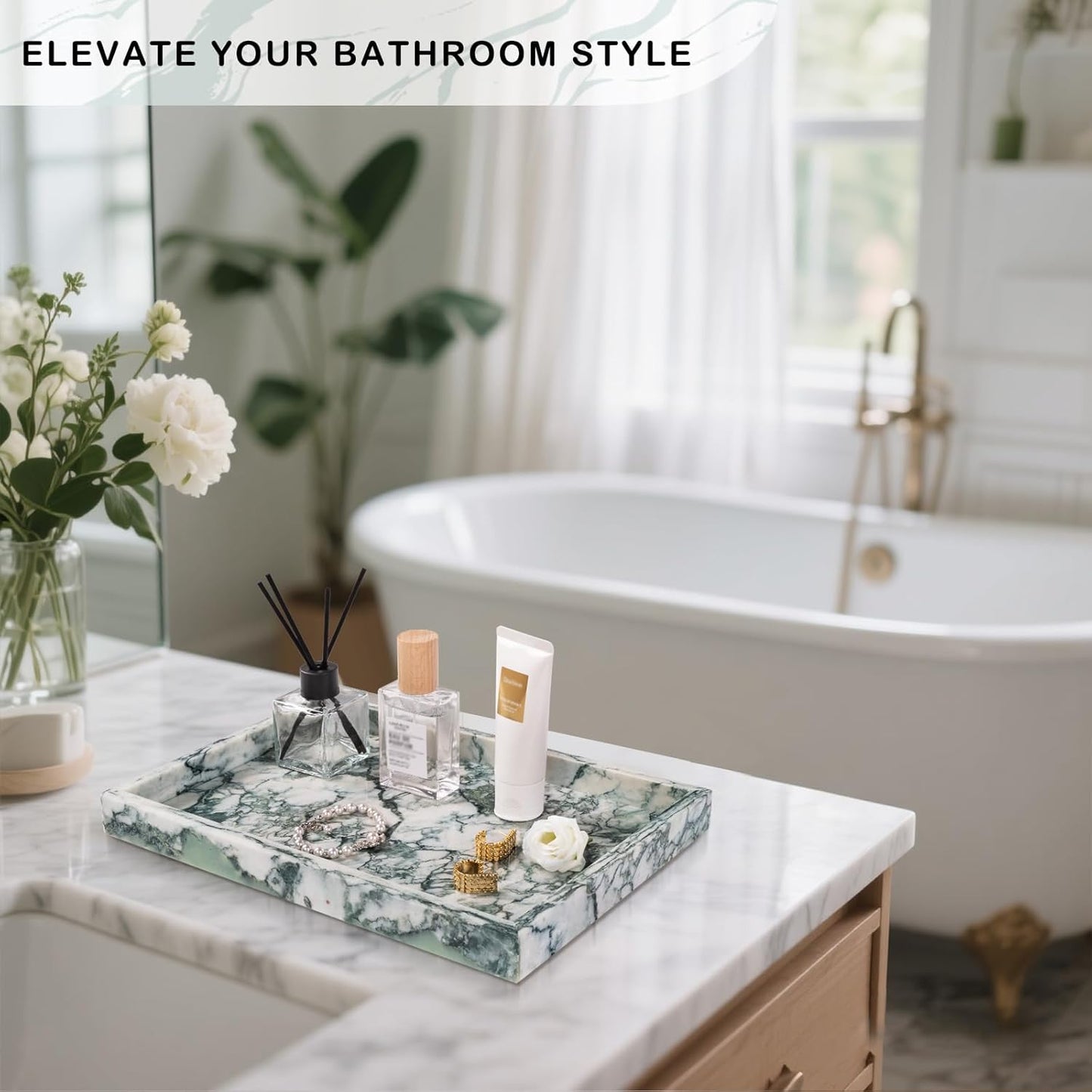 Marble Bathroom Tray for Countertop & Home Decor, Natural Decorative Marble Tray for Jewelry & Perfume Organizer, Luxury Stone Vanity Trays for Dresser, Kitchen Counter, 12" x 8", Gray Black