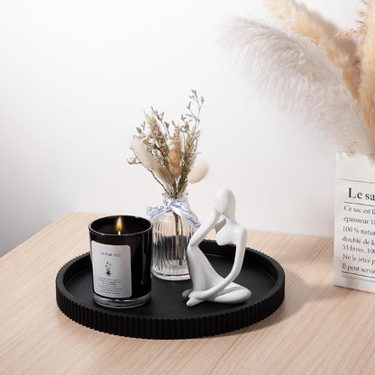 Silicone Bathroom Tray Round Kitchen Counter Organizer Decorative Vanity Accessories Coffee Table Decor for Perfume, Candle, Soap Dish, 9 Inch, Black