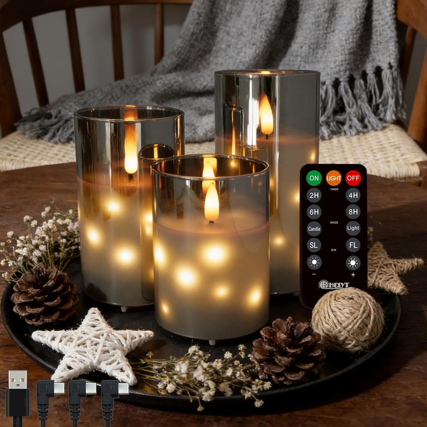 Rechargeable Flameless Glass Pillar Candles–Gifts for Women,–Set of 3, Realistic Flickering LED Light,Remote & Timer, Ideal for Living Room, Bedroom & Festival Wedding Home Party Decor