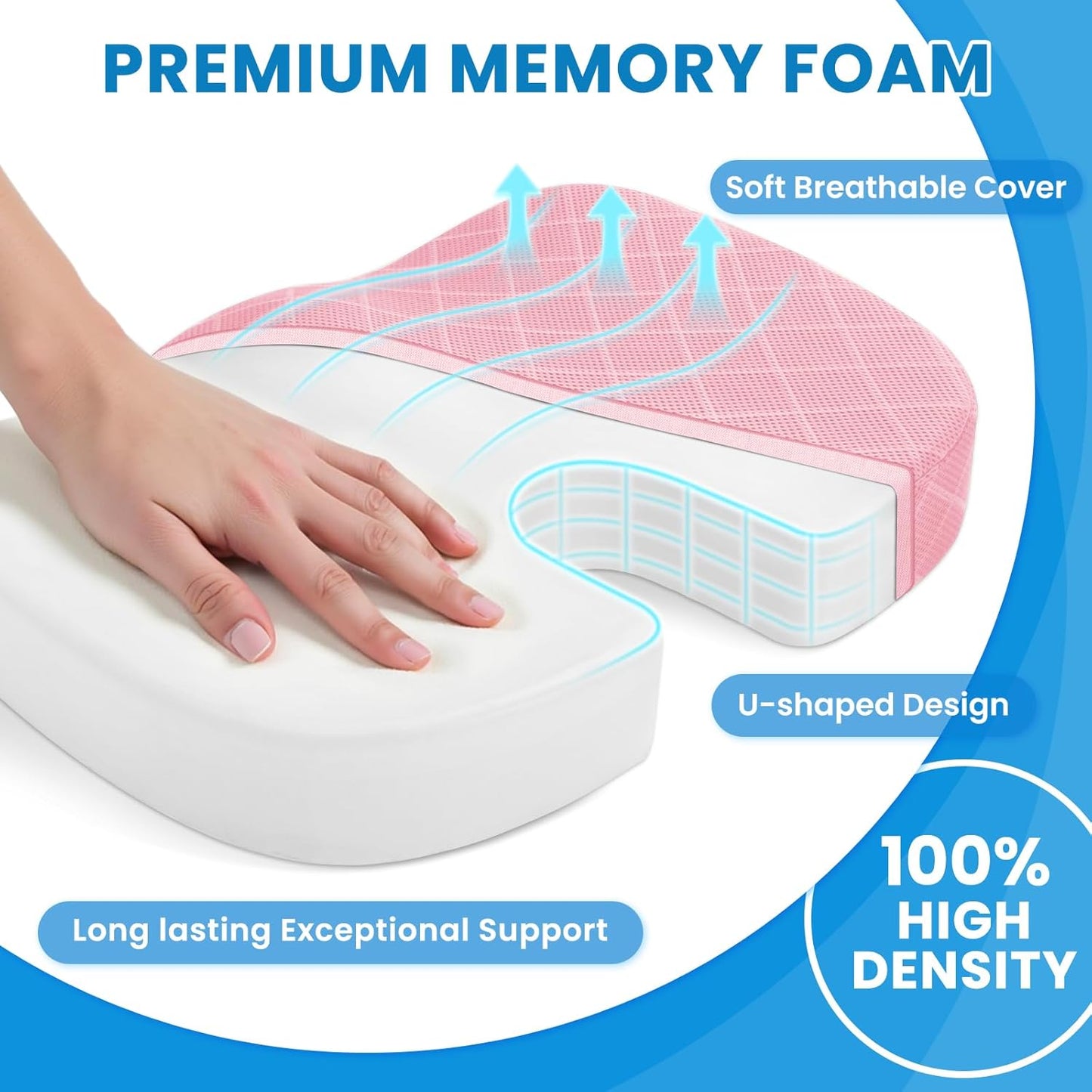 TushGuard Seat Cushion - Memory Foam Cushion for Office Chair, Car Seat, Airplane, Bleacher - Sciatica & Hip & Coccyx Pain Relief Desk Chair Cushion for Long Sitting Office Workers, Car Drivers