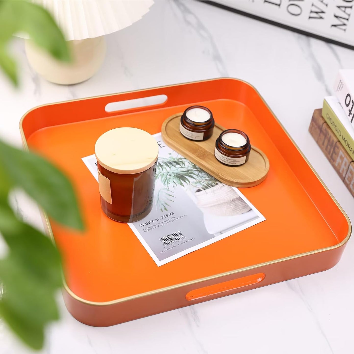 Green Decorative Tray with Handles, Versatile Serving Tray for Coffee Table, Ottoman, Ideal for Serving, Displaying, Organizing, 15.7"*10.2"*1.57"