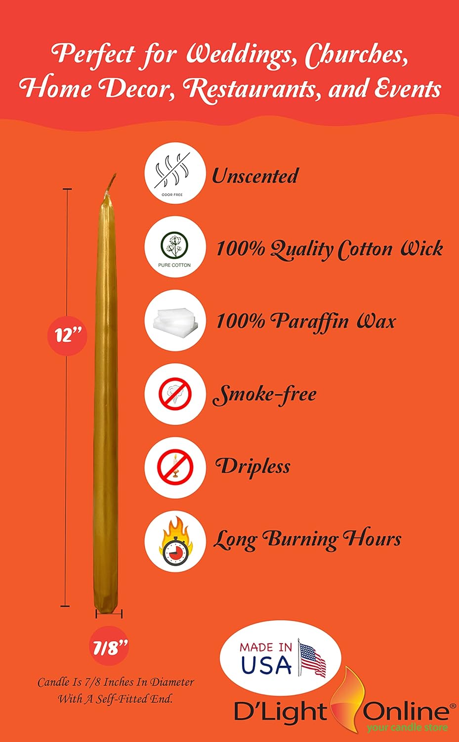 D'light Online White Taper Candles, 10 Inch Premium Quality Candles Hand-Dipped Tapered Candles, Dripless, Smokeless and Unwrapped Bulk Pack for Events - Set of 12 (10 Inch, White)