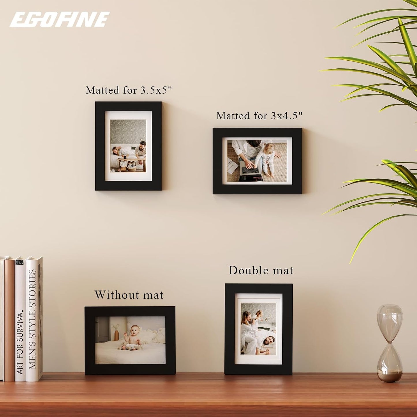 Egofine 8x10 Picture Frames Set of 4, Made of Solid Wood Covered by Plexiglass 4x6 and 5x7 with Mat or 8x10 without Mat, for Table Top Display and Wall Mounting Photo Frame Black