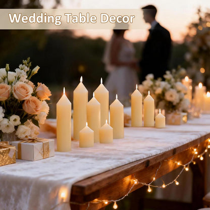 12-Pack Ivory Unscented Pillar Candle Set - 2x3, 2x6, 2x8-inch Long-Burning Drip-Free Tapers, 4 Per Size. Ideal for Home Decor, Weddings, Emergencies, and Holidays.