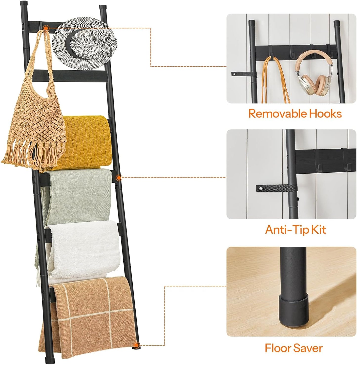 HOOBRO Blanket Ladder, 5-Tier Towel Rack with Hooks, Wall-Leaning Blanket Rack, Decorative Display Ladder Shelf, for Scarves, Industrial, Living Room, Bedroom, Rustic Brown and Black BF52CJ01