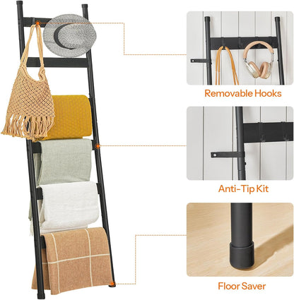 HOOBRO Blanket Ladder, 5-Tier Towel Rack with Hooks, Wall-Leaning Blanket Rack, Decorative Display Ladder Shelf, for Scarves, Industrial, Living Room, Bedroom, Rustic Brown and Black BF52CJ01