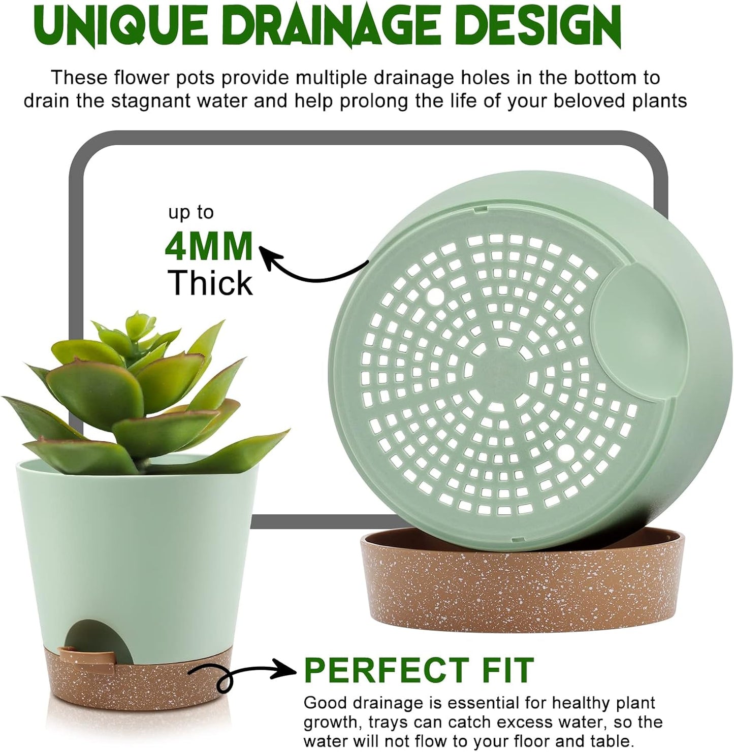 YNNICO Indoor Self Watering Planters with Drainage Holes and Saucers, 8, 7, 6.5, 6, 5.5, 5 Inches, Black, 6 Pots