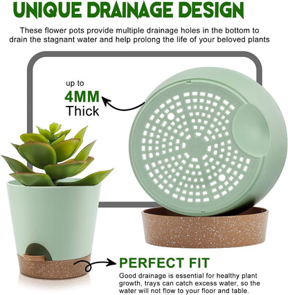 YNNICO Indoor Self Watering Planters with Drainage Holes and Saucers, 8, 7, 6.5, 6, 5.5, 5 Inches, Black, 6 Pots