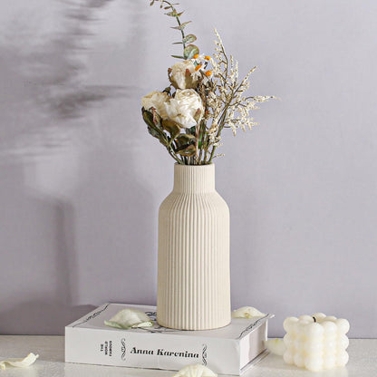 Bohemian White Ceramic Vase - for Pampas Grass, Mantel, Bookshelf, Entryway and Living Room Decor (White, 7in)
