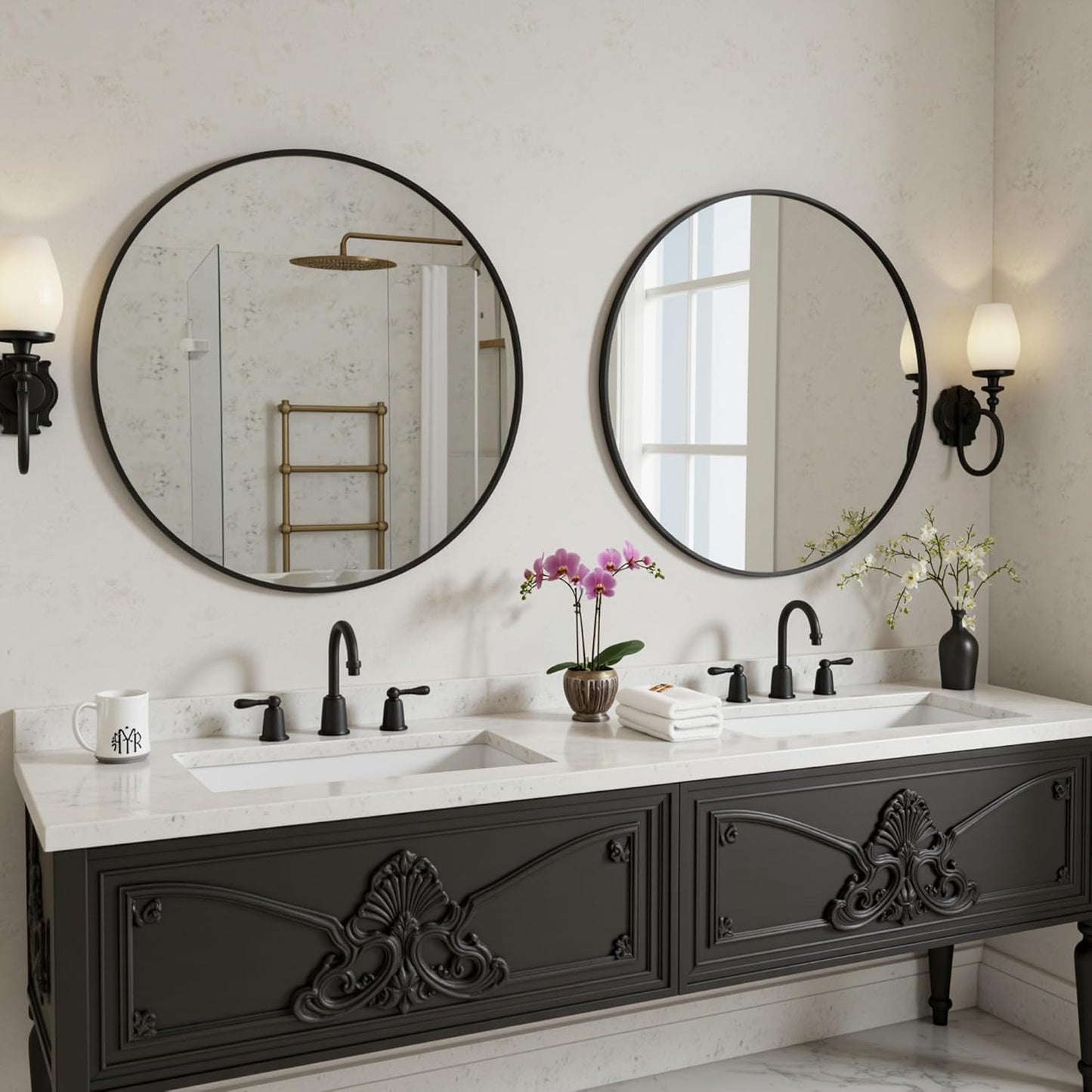 Antok 30 Inch Round Mirror for Wall, Round Bathroom Mirror, Circle Wall Mirrors with Black Metal Frame, Circle Mirrors Suitable for Wall, Bathroom, Vanity, Living Room, Entryway