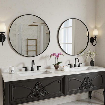 Antok 30 Inch Round Mirror for Wall, Round Bathroom Mirror, Circle Wall Mirrors with Black Metal Frame, Circle Mirrors Suitable for Wall, Bathroom, Vanity, Living Room, Entryway