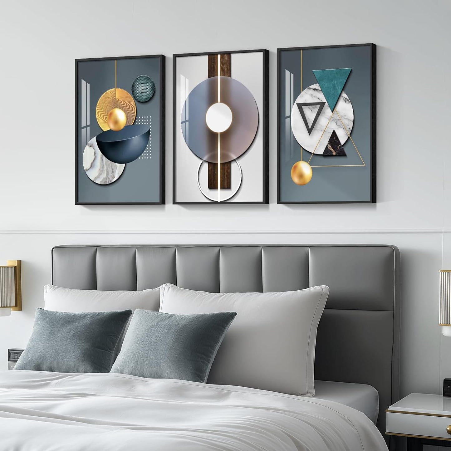 Framed Modern Luxury Gold Wall Art, Set of 3 Piece Contemporary Paintings Artwork for Walls, Golden Prints Pictures with Gold Frame, Wall Decor for Living Room, Hallway, Bedroom, Office 16x24 Inch