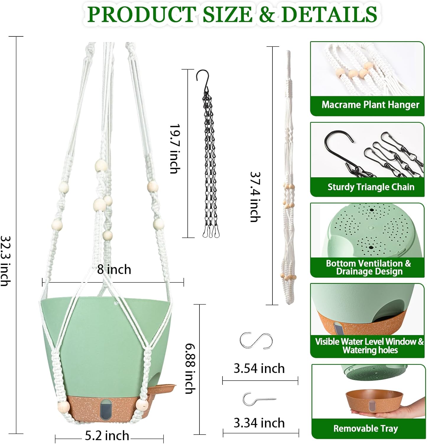10 Inch Hanging Planters for Indoor Plants, 2 Pack Self Watering Hanging Baskets Flower Pots with Drainage Hole, Visual Reservoir & 2 Kinds of Plant Hanger for Outdoor Garden Home Decor (White)