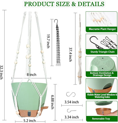 10 Inch Hanging Planters for Indoor Plants, 2 Pack Self Watering Hanging Baskets Flower Pots with Drainage Hole, Visual Reservoir & 2 Kinds of Plant Hanger for Outdoor Garden Home Decor (White)