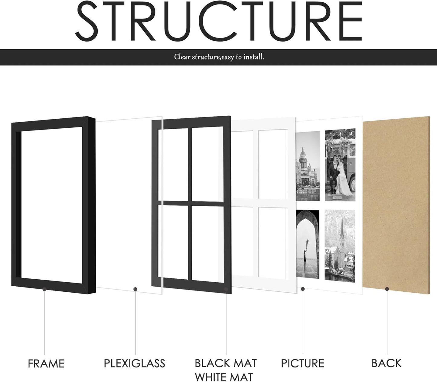 DUENPY 14x26 Collage Picture Frame 4x6 Collage Picture Frame Displays Twelve 4x6 inch Photos Available Horizontal Wall Mounting Display and Vertical Black - Colors A