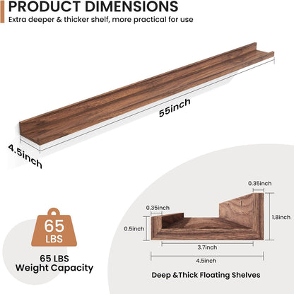 Fun Memories Picture Ledge Shelves Set of 2, 32 Inch Rustic Wall Mounted Floating Shelves with Lip for Home Storage and Décor in Bathroom, Kitchen, Nursery, Bedroom, Living Room, Walnut
