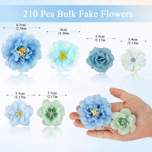210 Pcs Mini Silk Flower Heads Small Fake Rose Daisy Faux Flowers Bulk for Crafts Artificial 3D Loose Fabric Flowers Heads Sunflower Bulk for Wedding Hair Cap Dresses Decorations (Bright Colors Mixed)