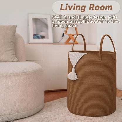 JMvicyroam Large Woven Laundry Basket Hamper,60L Cotton Rope Storage Bin for Blankets,Toys and Clothes,Decorative Tall Nursery Hamper for Living Room,Baby Nursery,Bathroom and Bedroom,Brown