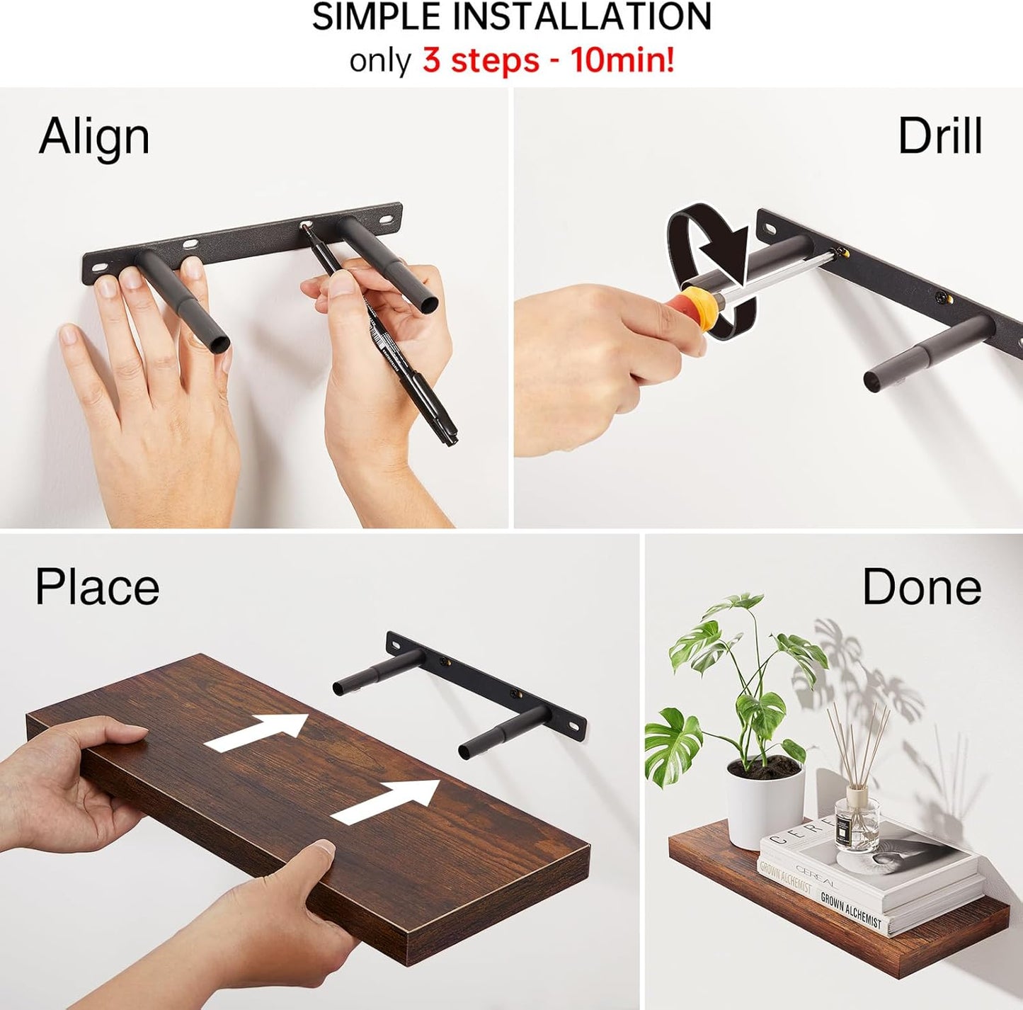BAYKA Floating Shelves for Wall, Set of 3, Wall Mounted Rustic Wood Shelves for Bathroom, Bedroom, Living Room, Kitchen, Small Hanging Shelf for Books/Storage/Room Decor, Walnut-Like, 15.7in