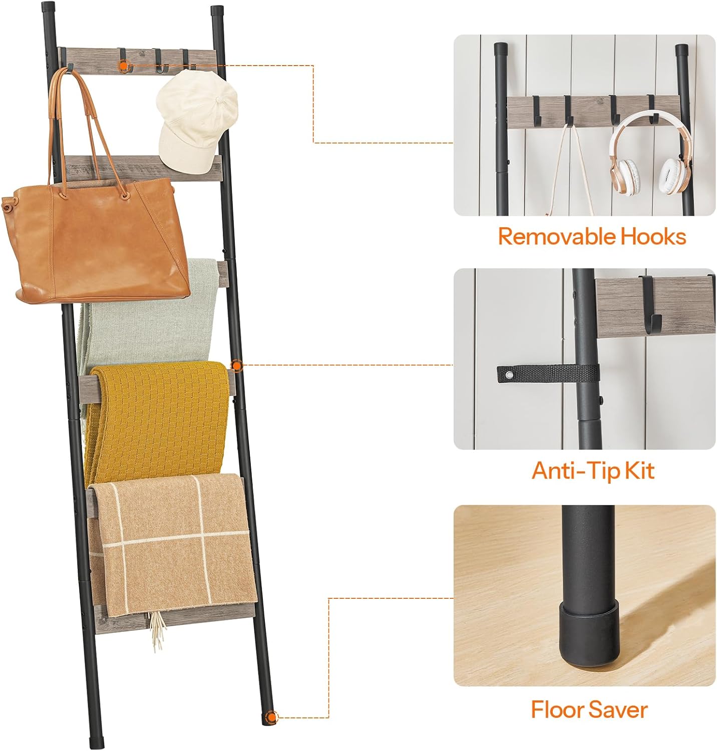 HOOBRO Blanket Ladder, 5-Tier Towel Rack with Hooks, Wall-Leaning Blanket Rack, Decorative Display Ladder Shelf, for Scarves, Industrial, Living Room, Bedroom, Rustic Brown and Black BF52CJ01