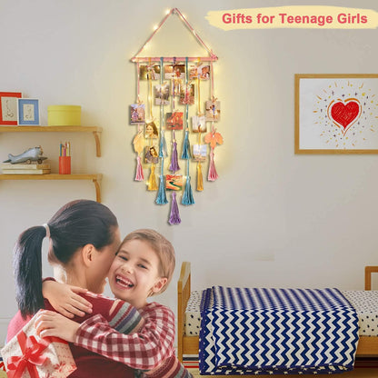 Homecor Hanging Photo Display Wall Decor, Macrame Wall Hanging Boho Room Bedroom Decor, Picture Frame Collage Board with Light 30 Clip, Christmas Teenage Teen Girl Gifts Ages 10 11 12 13 14 Years Old