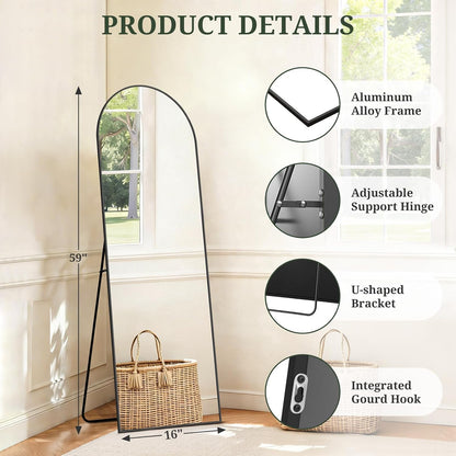 Mirror Full Length 64"x21" Full Body Floor Mirror with Stand, Shatterproof Glass, Aluminum Alloy Frame, Free Standing Wall Mounted or Leaning Arched Mirrors for Bedroom Living Room Entryway