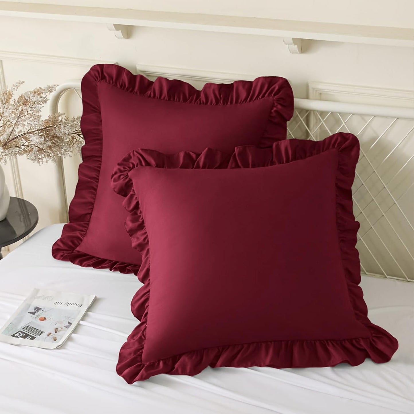 KKJIAF Ruffle Pillow Cases 26x26 Inches, White Square Ruffled Pillow Covers Set of 2, Microfiber Wrinkle Resistant Pillow Shams with Envelope Closure for Sofa Bed Living Room