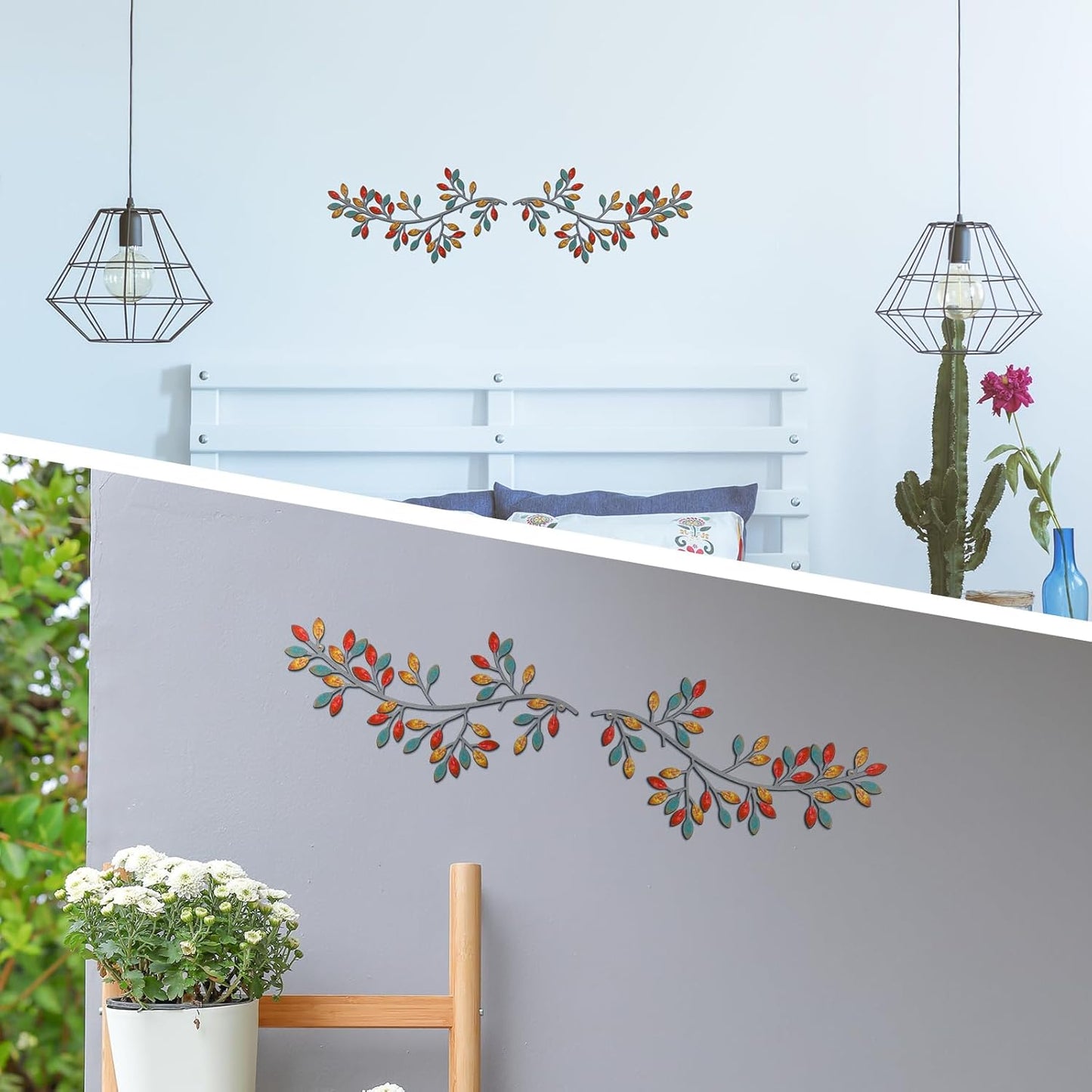 Hotop 2 Pieces Metal Tree Leaf Wall Decor Vine Olive Branch Leaf Wall Art Wrought Iron Scroll Sculptures Above the Bed, Living Room, Outdoor Decoration (Classic Style,Black)