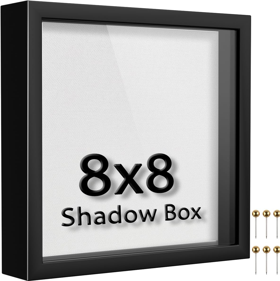 8x8 Shadow Box Frame | Soft Linen Back & Push Pins Included, Polystyrene Glass Memory Display Case for Flowers, Tickets & Cherished 3D Items, White