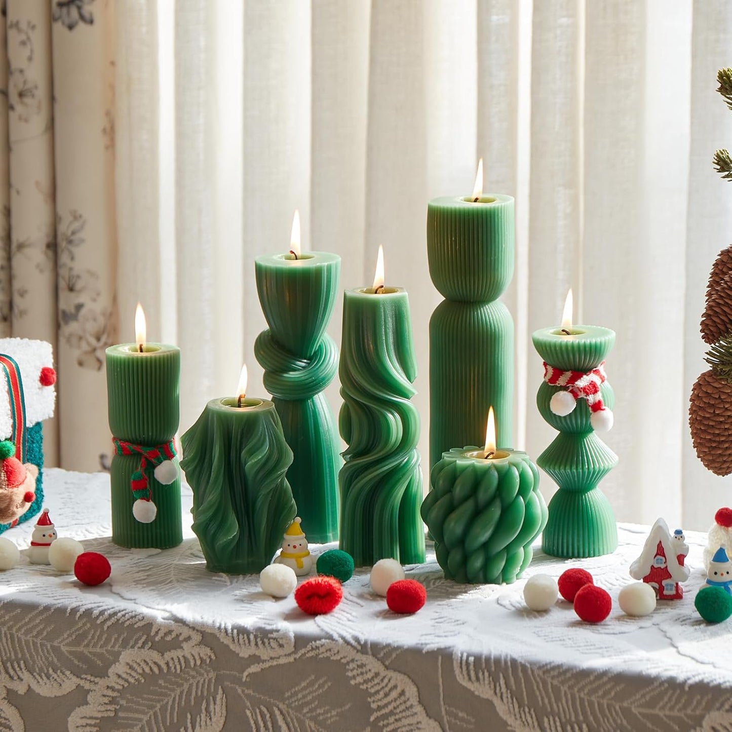 7-Pack Pillar Candles - Soy Wax Handmade Ribbed Candles for Home Decor, Housewarming Gift, Shelf & Table Decor - Aesthetic Modern Candles Set (White)