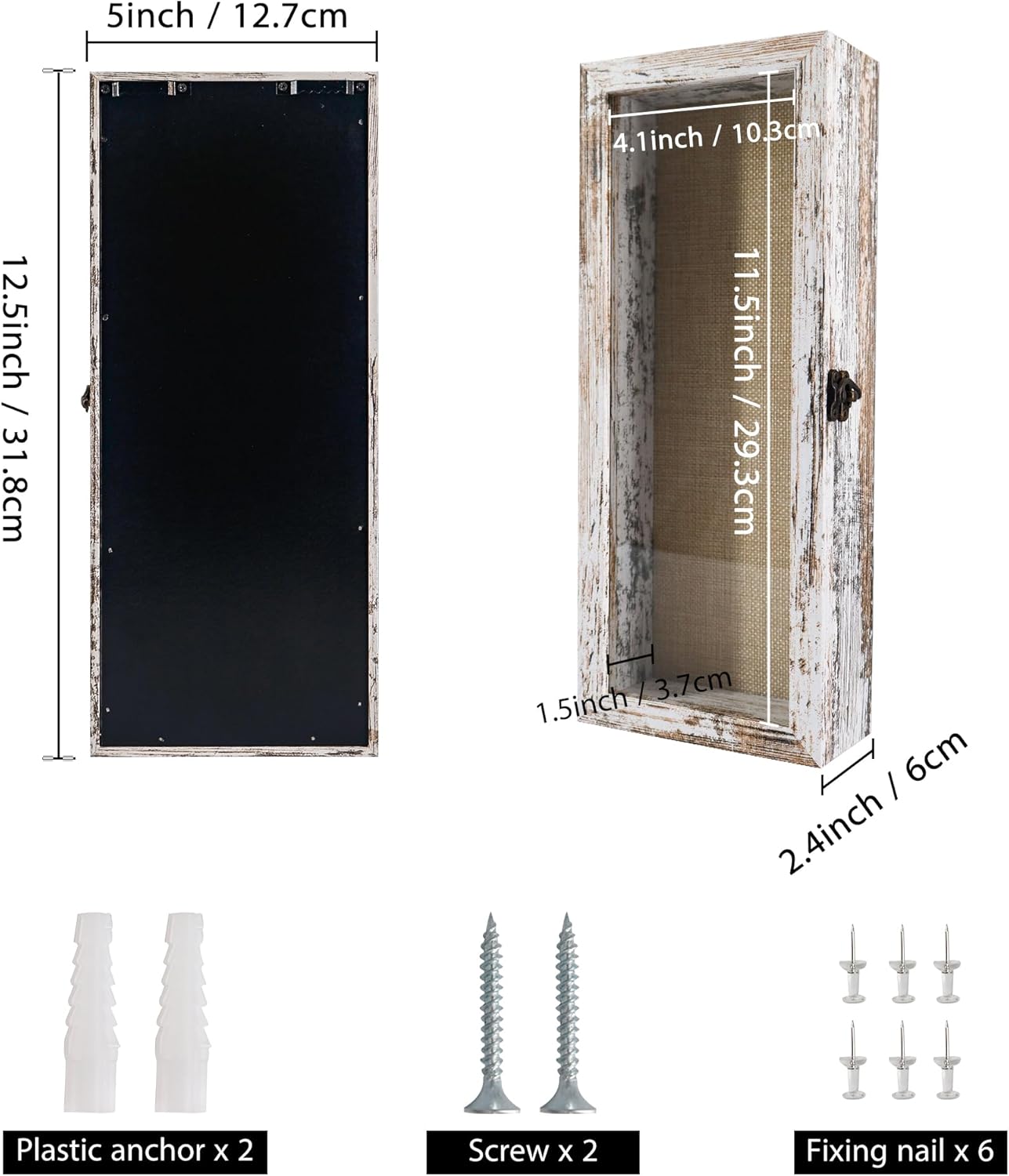 GraduationMall 13x16 Wood Shadow Box Frame Glass Door Display Case with Linen Back and 6 Stick Pins,1.5 inches Interior Depth,Ideal for Memorabilia Pictures Flowers Medals Tickets Rustic White