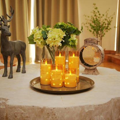 Homemory Flameless Candles with Embedded Star String Fairy Lights, Battery Operated Candles, LED Candle, Fake Candles with Remote Control and Timer for Halloween, Gray Acrylic, Set of 5(H4"5"6"8"8")
