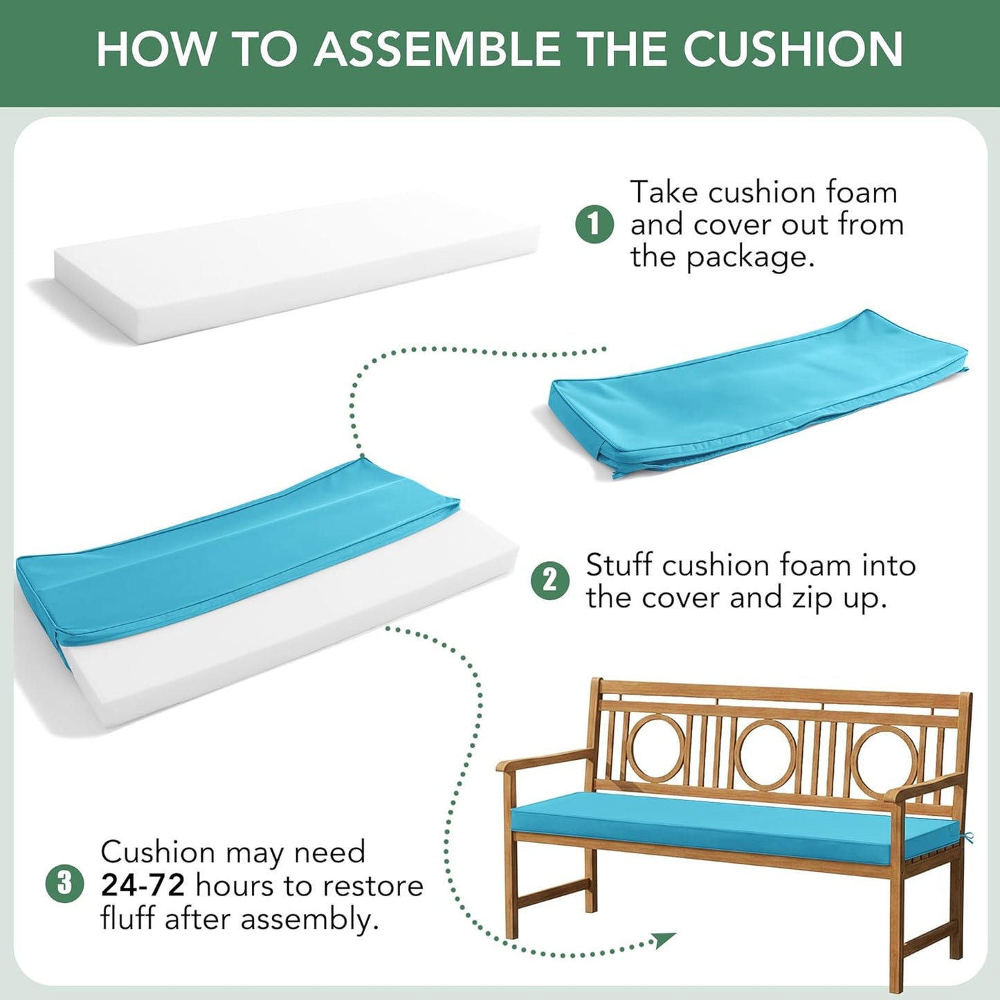 Summsun Outdoor Bench Cushion: Waterproof and Fade Resistant Patio Furniture Cushions - Non-Slip Bench Pad Cushion with Removable Cover for Garden Swing Porch Sofa Settee, 48 x 18 x 3 Inch, Black