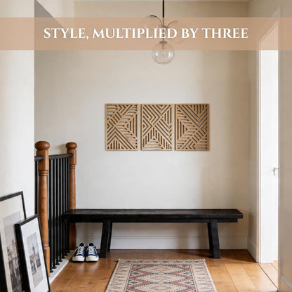 qmmp Modern Wooden Wall Sculptures - Set of 3 - Home Decor Accent - Large Wall Art for Living Room, Bedroom, Office - Easy Installation (Oak, Medium - Mountain and Sun)