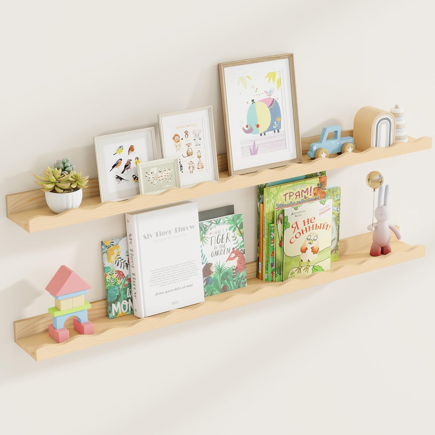 Fun Memories Picture Ledge Shelf for Wall, 24 inch Pine Wood Nursery Book Shelves Set of 2- Wall Book Shelves for Kids Room, Home Decor - Kitchen Spice-White