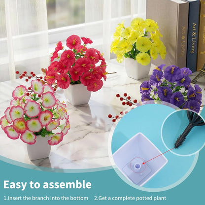 LOYWREE 4 Pack Small Artificial Mums Flowers in White Pots, Fake Mini Potted Plants, Spring Floral Decor for Home Bathroom Shelves Office Desk Table Centerpiece Indoor Decoration