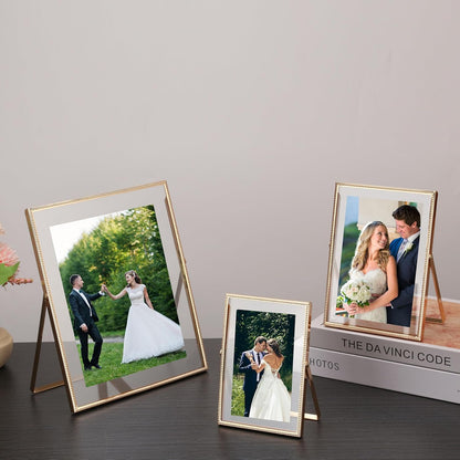 Gold 6x8'' Floating Photo Frame 2 Pack, Beaded Metal Frame Fits 3.5x5'', 4x6'' & 5x7'' Pictures, Adjustable Tabletop & Shelf Display, Elegant Wedding Gift for Home Decor