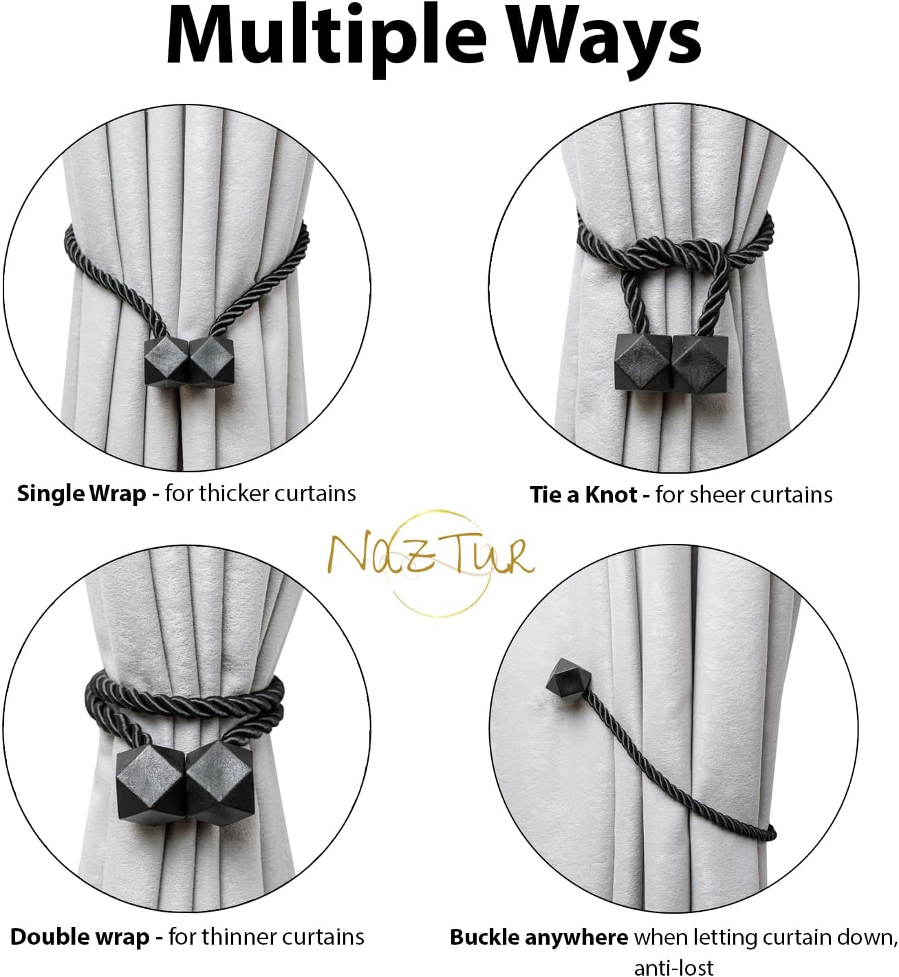 NazTur Magnetic Curtain Tiebacks- Upgrade 2022 with a Thicker Twist Rope & Strong Magnet Tieback Window Treatment Holdbacks Draperies Holders Decorative Drape Handmade Tie Back (Black, 2)